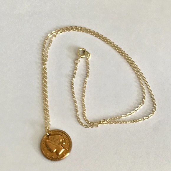 Vintage French Italian Coin Charm Necklace Gold Plated Wire France Italy Lady - Picture 5 of 9